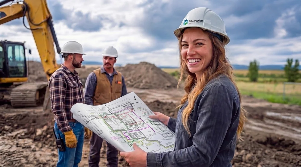 Ingenieurin mit Bauplänen auf einer Baustelle im Gesprächsumfeld von Bauleitung und Projektkoordination