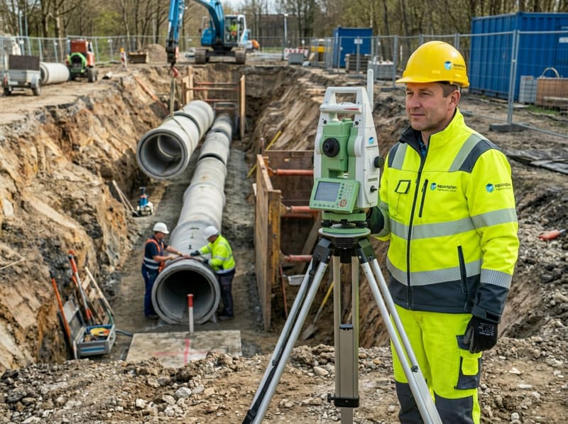 Ingenieur bei Vermessungsarbeiten an einer Kanalbaustelle in München mit Entwässerungsleitungen im Tiefbau
