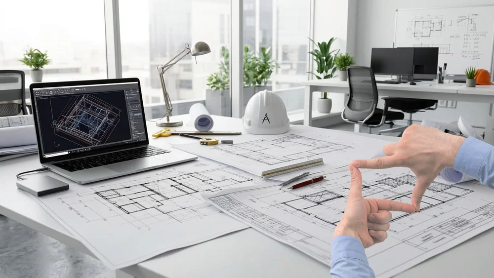 Hände formen ein Quadrat über technischen Bauplänen auf einem Schreibtisch in einem modernen Ingenieurbüro